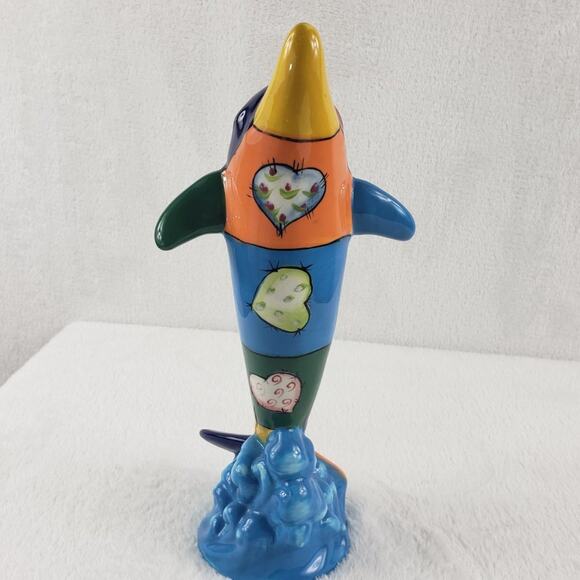 Dolphin Figurine Hand Painted with Quilt Pattern and Sewn on Hearts 12" - Picture 3 of 8